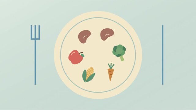 Assiette &eacute;quilibr&eacute;e avec l&eacute;gumes, fruits, ma&iuml;s et haricots vue du dessus