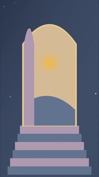 Porte ouverte sur un lever de soleil avec lumi&egrave;re et marches g&eacute;om&eacute;triques