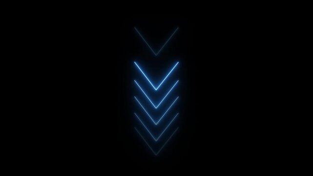 Downward arrows animation pulses with stacked blue neon heads. Directional navigation routes along downward arrows animation. User interface telemetry guides downward arrows animation.