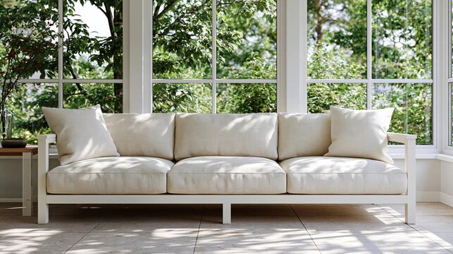 White sofa in a room with large windows that offer a view of trees and greenery outside. the sofa is in the center of the room and is facing towards the left side of the image.