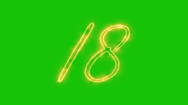 Glowing yellow gold Number 18 Animation | Neon Alphabet Typography Motion Graphic. neon text 18 number countdown icon alpha channel