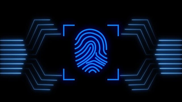 Fingerprint scan animation pulses in a square tech frame. Biometric access clears on the fingerprint scan animation. Cyber security validates this fingerprint scan animation.
