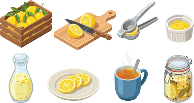 Isometric Lemon Citrus Harvest and Cooking Vector Icon Set Featuring Crate Cutting Board Squeezer Zest Bowl Juice Carafe Plate Slices Tea Mug and Pickled Jar Elements