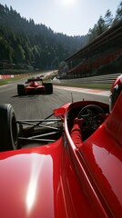 Obraz premium Formula One Cars Racing on a Mountain Track from a Driver Perspective