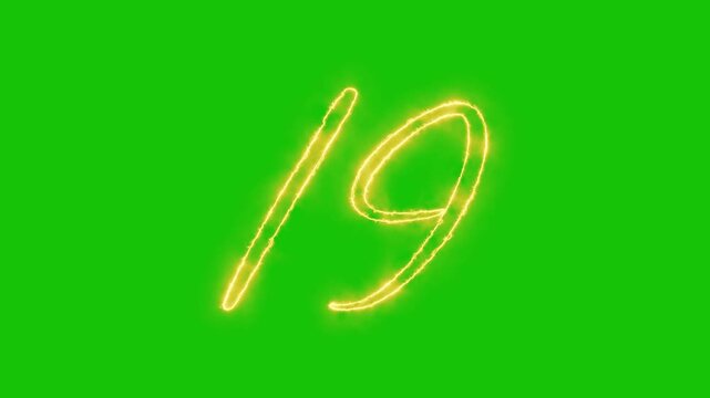 Glowing yellow gold Number 19 Animation | Neon Alphabet Typography Motion Graphic. neon text 19 number countdown icon alpha channel