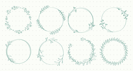 Obraz premium Vector set of eight delicate circular floral frames with minimalist leaf designs.