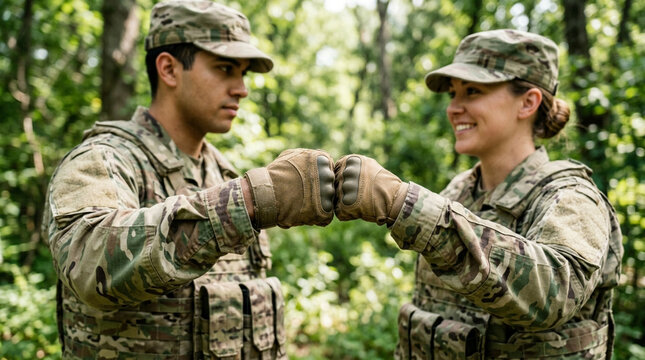 Two soldiers in camouflage uniform giving a fist bump in a forest. Unity, teamwork.