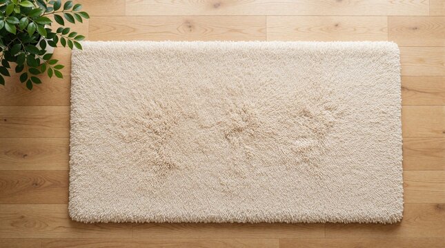 Top view of soft beige shaggy rug on light wooden floor. Minimalist home interior background with neutral colors, copy space. Plush textured floor mat for cozy apartment decor spa wellness room.