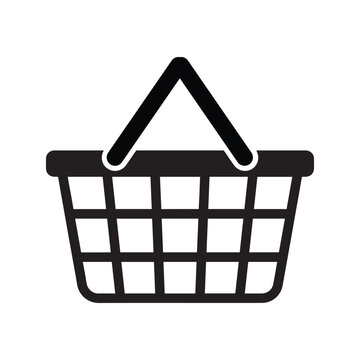 A simple black and white vector icon of a shopping basket representing retail commerce and online store purchasing