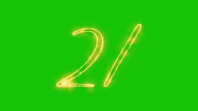 Glowing yellow gold Number 21 Animation | Neon Alphabet Typography Motion Graphic. neon text 21 number countdown icon alpha channel