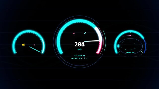 Futuristic electric vehicle digital dashboard interface with dynamic speedometer and energy gauge hud
