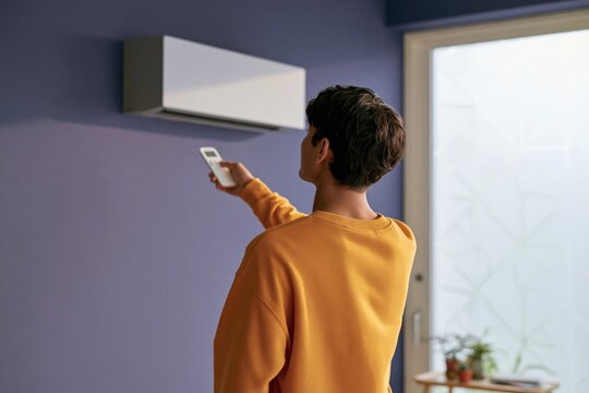 Young man adjusting wall mounted air conditioner with remote control in modern living room for home appliance manual and energy saving advertisement