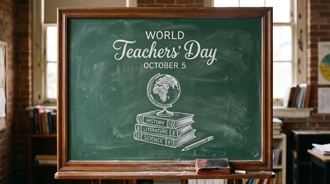World teachers day chalk drawing on a green classroom blackboard with school supplies and globe