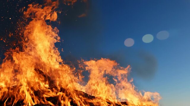 Intense bonfire flames burning against blue sky background