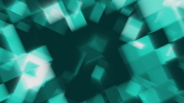 Geometric shapes animation displays teal 3D blocks on dark. Ambient lighting reflections illuminate geometric shapes animation. Modern architectural depth defines geometric shapes animation.