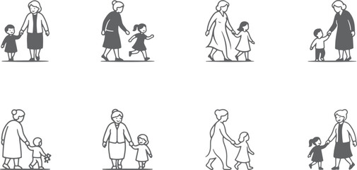 Obraz premium Grandmothers and granddaughters walking together, holding hands, and enjoying outdoor strolls, gentle moments captured.