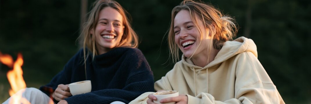 Two young women laughing by a campfire holding mugs outdoors at dusk enjoying a cozy moment for lifestyle social media header