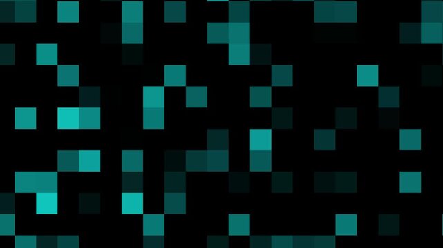 Mosaic pattern animation shifts with pixelated teal squares. Digital matrix data blocks move across mosaic pattern animation. Abstract cyber technology textures define this pattern animation.