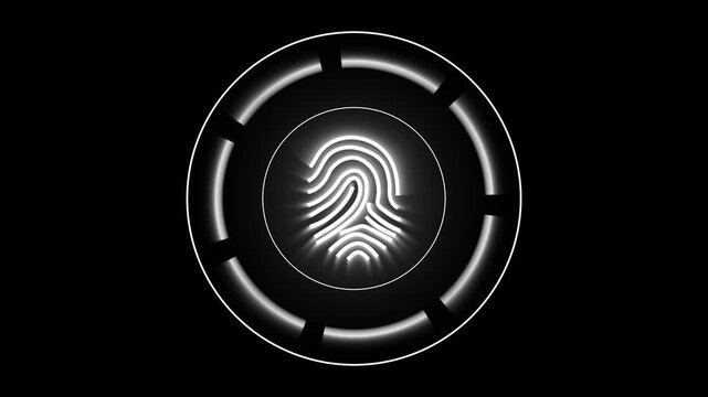 Fingerprint icon animation glows in white within a neon ring. Access verification clears through the fingerprint icon animation. Digital security authentication confirms on the icon animation.