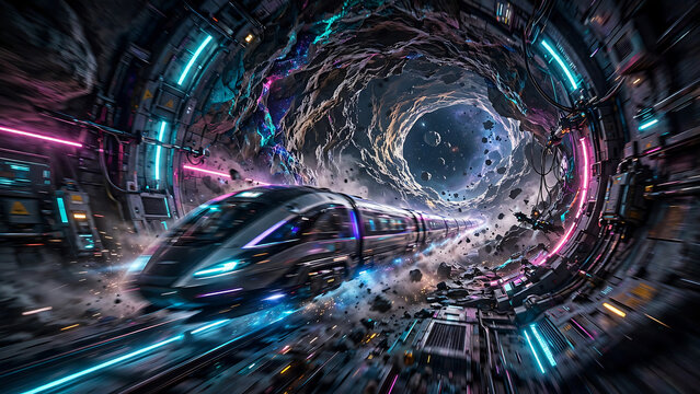 Futuristic high-speed train speeding through a sci-fi tunnel with neon lights, debris, and a cosmic vortex in the distance. Dynamic motion blur.