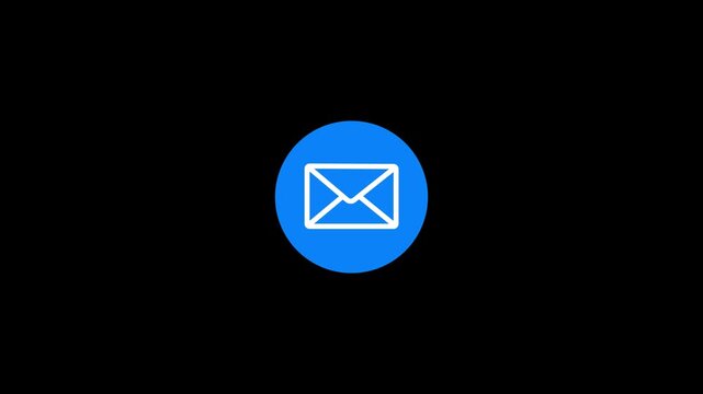 Blue Email Envelope Icon for Mail, Message, Communication and Contact, White Outline Symbol on Blue Circle with black Background
