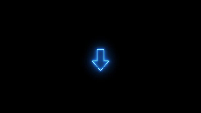Neon Blue Down Arrow Symbol for Download and Direction on Black Background.