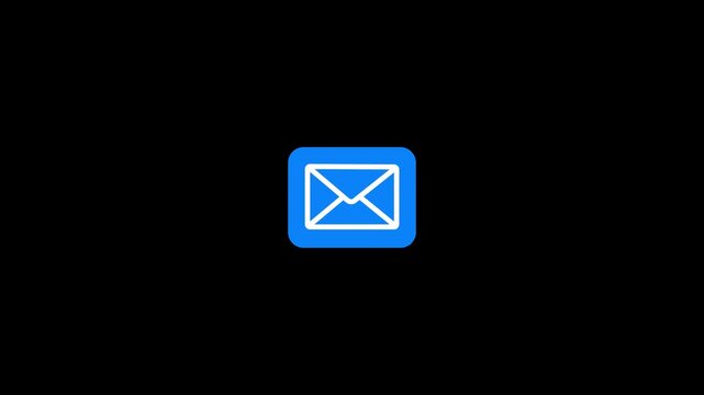 Blue Email Envelope Icon for Mail, Message, Communication and Contact, White Outline Symbol on Blue Circle with black Background