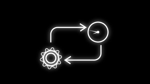 Clock cycle icon animation turns with glowing white gear teeth. Time management telemetry guides the clock cycle icon animation. Engineering automation workflows use the cycle icon animation.