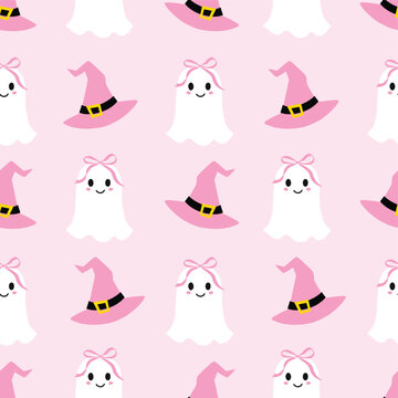 Seamless vector pattern with cute white ghosts with pink bows and pink witch hats on light pink background, girly coquette themed Halloween texture.
Repeating design for fabric, wallpaper, wrapping
