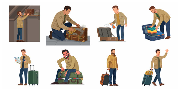 Man preparing for a journey set: from cleaning dusty suitcase to packing and departing