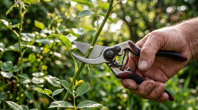 Professional garden pruning shears cutting a green plant stem, gardener hand using bypass secateurs in sunny backyard, horticulture maintenance