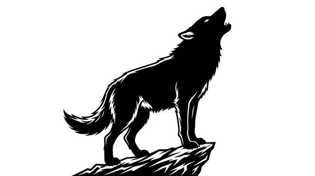 Howling wolf silhouette on cliff edge, black and white predator illustration, wild animal woodcut style graphic, lone wolf standing on rock
