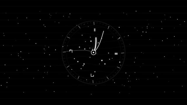 Minimalist clock face animation with floating particles on dark background, for time management, and countdown concepts