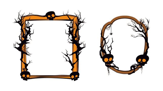 Animated Halloween spooky frames with skulls, bats and creepy tree branches