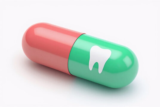 Red and green capsule with white tooth icon dental health