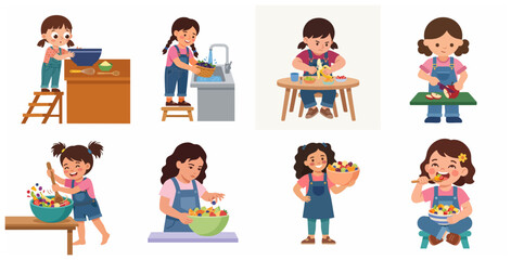 Fototapeta premium Little girl character set preparing and eating healthy fruit salad vector illustration