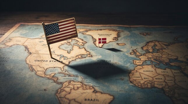 US And Denmark Flags On World Map Showing Greenland Strategic Ties