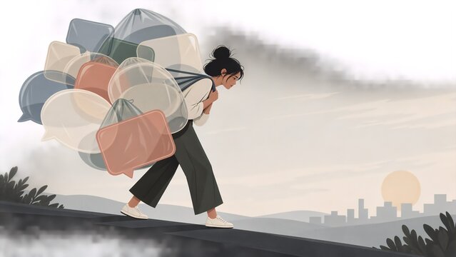 Woman crouches among abstract forms with head lowered. Muted shadows create a disorienting interior. Conceptual art depicts anxiety and emotional overwhelm.