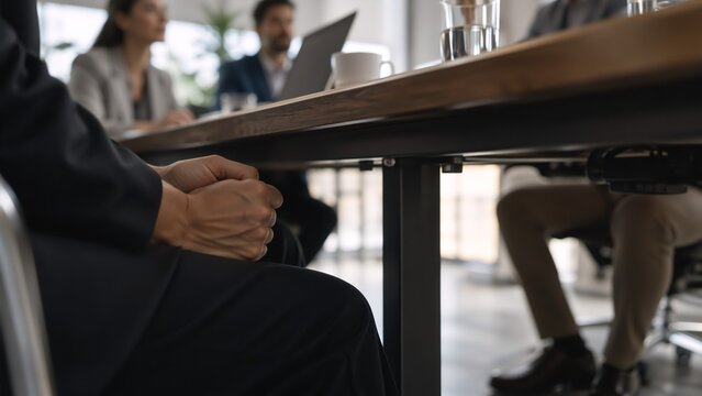 An anxious woman sits with crossed arms. Window blinds obscure her in a dim interior, creating a tense mood. The scene conveys anxiety, isolation, and mental health struggle.