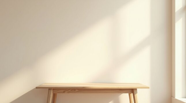 Escena editorial minimalista frente a una pared de color beige neutro, con una mesa de madera clara situada en el centro