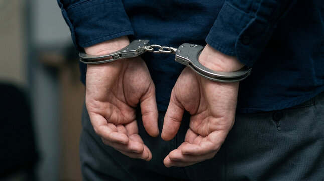 Suspect in Handcuffs Arrested for Crime, Caught by Police Officer