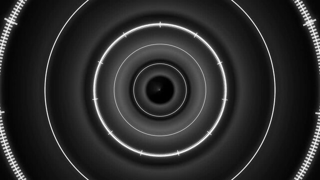 Concentric circles animation pulses with fine tick marks on dark. Radar telemetry coordinates guide concentric circles animation. Sci-fi user interface displays use concentric circles animation.