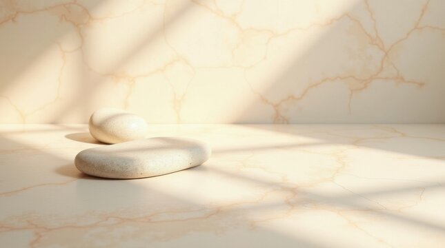 Escena de superficie minimalista con una textura de piedra beige prominente y piedras