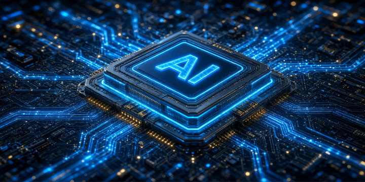 Artificial intelligence microchip processor on a glowing motherboard background with circuit board machine learning blue light tech background data flow microchip motherboard processor