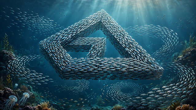 School of Fish Forming Impossible Penrose Triangle Structure in Deep Blue Ocean