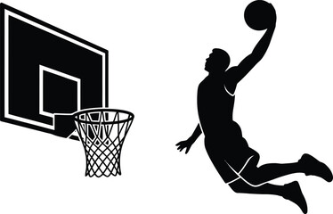 Basketball player performing a slam dunk with hoop basketball competition exercise © Md