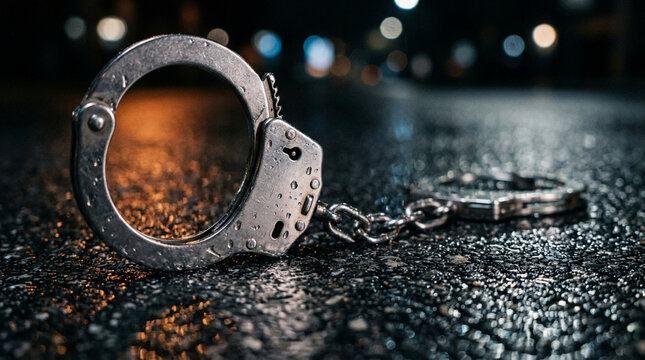 Police Handcuffs on Wet Asphalt at Night, Bokeh Lights