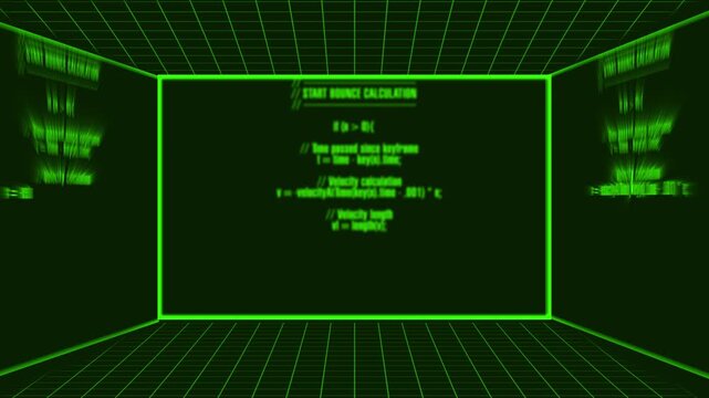 Computer screen animation displays a green terminal grid on dark. Software programming streams on the computer screen animation. Cybersecurity hacking telemetry runs on computer screen animation.