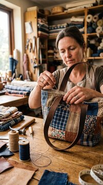Artisan woman sewing leather handle onto handmade patchwork tote bag in workshop. She uses a needle and thread to attach straps to a quilted fabric bag on a wooden table.