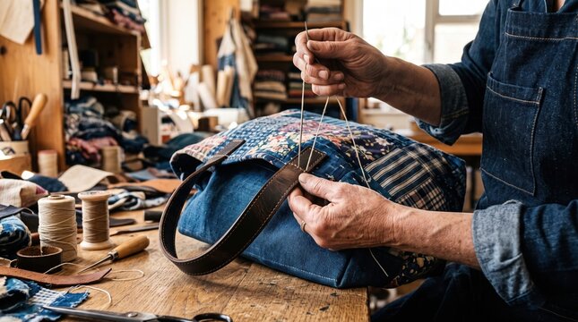 Artisan stitching leather handle to indigo patchwork tote bag in workshop. Close-up view of hands using needle and thread to attach a strap to a handmade textile accessory.